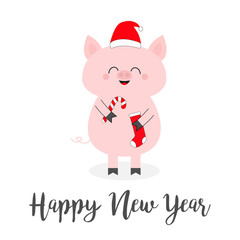 Happy New Year 2019. Pig holding candy cane, sock. Red Santa Claus hat. Christmas. Xmas symbol. Cute funny cartoon character. Flat design. White background. Isolated.