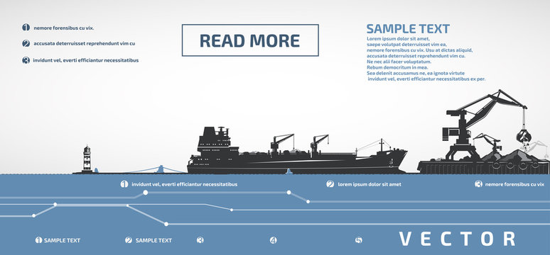 Dry cargo ship on the pier and port cranes loaders, infographics.