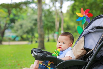 Infant baby boy playing toy in hand sitting on stroller in nature park.