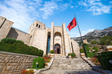 The Skanderbeg Museum in Kruje, Albania. The building of George Castriot ( Skanderbeg ) - national albanian hero. Kruje ( Kruja ) Castle and fortress  - obrazy, fototapety, plakaty