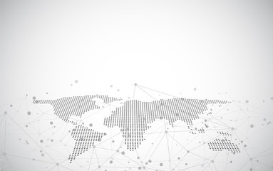 World map on a technological background, glowing lines symbols of the Internet, radio,global business.