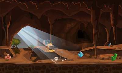 Treasure cave with chest gold coins, gems. Concept, art for computer game. Background image to use games, apps, banners, graphics. Vector cartoon illustration