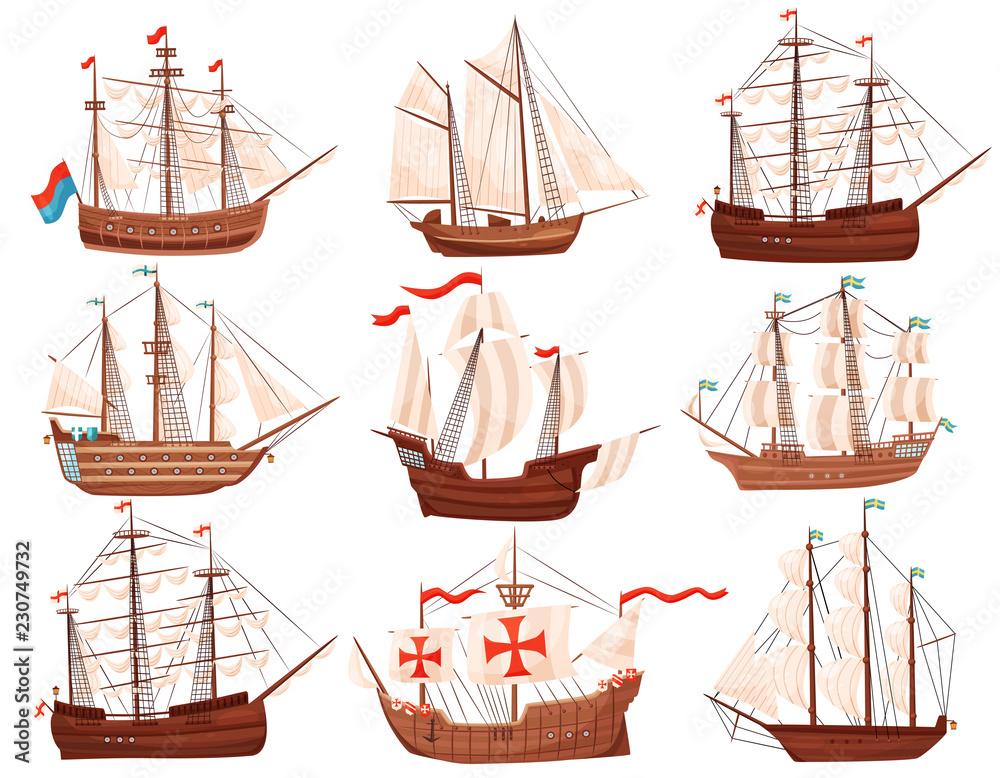 Wall mural flat vector set of old wooden ships. large marine vessels with sails and flags. sea and ocean theme