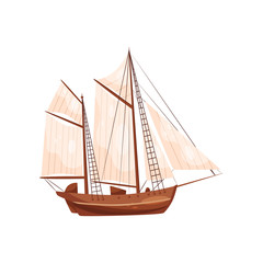 Old wooden ship with big beige sails. Sailing vessel. Sea craft. Flat vector element for poster or mobile game