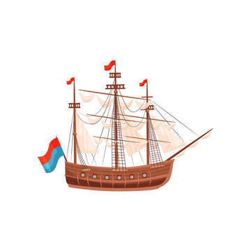 Wooden ship with beige sails and bright flags. Marine vessel. Sea and ocean theme. Flat vector element for banner or poster