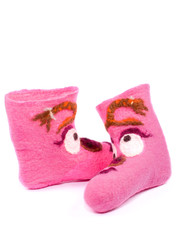 Pink felt socks with a pattern on a white background