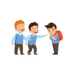 Boys laughing and pointing at sad boy, bad behavior, conflict between kids, mockery and bullying at school vector Illustration