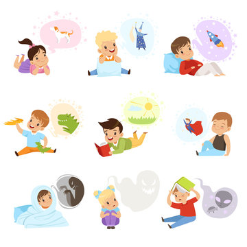 Children reading books and dreaming, kids imagination and fantasy concept vector Illustration on a white background