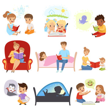 Children reading books and dreaming, parents reading bedtime stories for their kids, imagination and fantasy concept vector Illustration on a white background