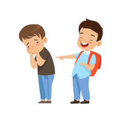Classmate laughing and pointing at sad boy, bad behavior, conflict between kids, mockery and bullying at school vector Illustration on a white background