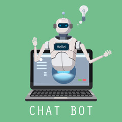Free Chat Bot, Robot Virtual Assistance On Laptop Say Hello Element Of Website Or Mobile Applications, Artificial Intelligence Concept Cartoon Vector Illustration