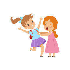 Two girls fighting, bad behavior, conflict between kids, mockery and bullying at school vector Illustration on a white background
