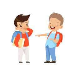 Classmate mocking and pointing at boy, bad behavior, conflict between kids, mockery and bullying at school vector Illustration on a white background