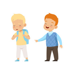 Naughty boy mocking and pointing at another, bad behavior, conflict between kids, mockery and bullying at school vector Illustration on a white background