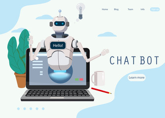 Free Chat Bot, Robot Virtual Assistance On Laptop Say Hello Concept Web Page Element Of Website Or Mobile Applications, Artificial Intelligence Concept Cartoon Vector Illustration