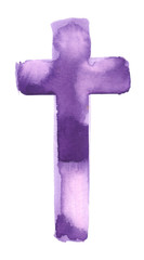 Simple Christian cross painted in purple watercolor on clean white background - 230750750