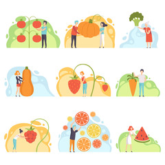 People with giant vegetables set, faceless man and woman standing next to huge vegetables and berries vector Illustration on a white background