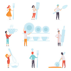 People holding giant kitchen tools set, faceless man and woman standing with kitchenware vector Illustration on a white background