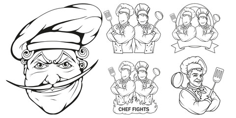 chef cook standing in a different pose, restaurant boss, cartoon chef in uniform, cook logo, chef hat, professional chef cook, head of kitchen, vector graphics to design