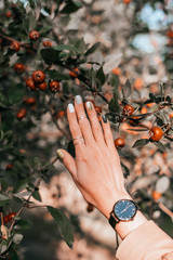 Woman hand with beautiful minimalistic manicure with geometry design, rings and black watches on the fall red malus apples tree background.
