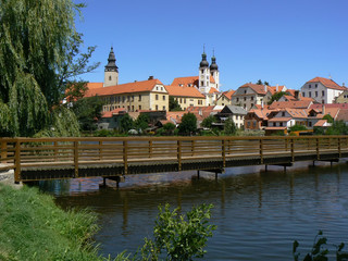 View of castle and bridge in Telc, Czech republic. 