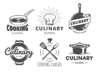 Culinary school logos. Vector badges for cooking classes, workshops and courses. Set of vintage monochrome labels with chefs hat, pans and kitchenware