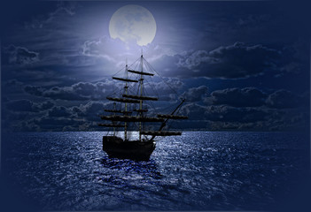 Lonely sailboat in the sea against a full moon