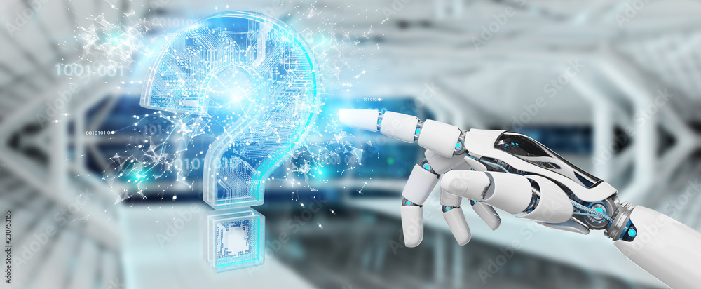 Aufkleber cyborg solving problem with digital question marks 3d rendering