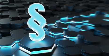 Black and blue law icon hexagons background 3D rendering