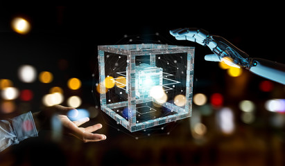 White robot hand creating future technology structure 3D rendering