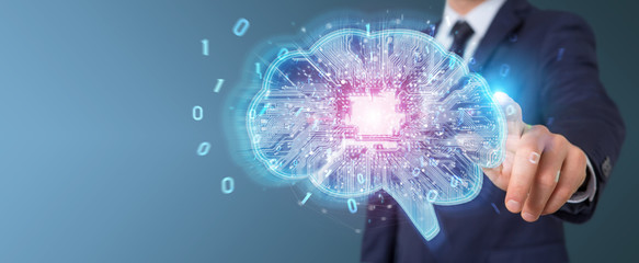 Businessman creating artificial intelligence in a digital brain 3D rendering