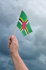 Hand holding Dominica flag high in the air, with a stormy, cloudy sky