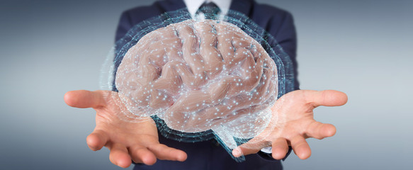 Businessman using digital 3D projection of a human brain 3D rendering
