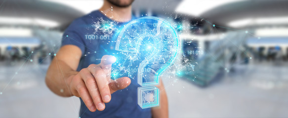Businessman solving problem with digital question marks 3D rendering