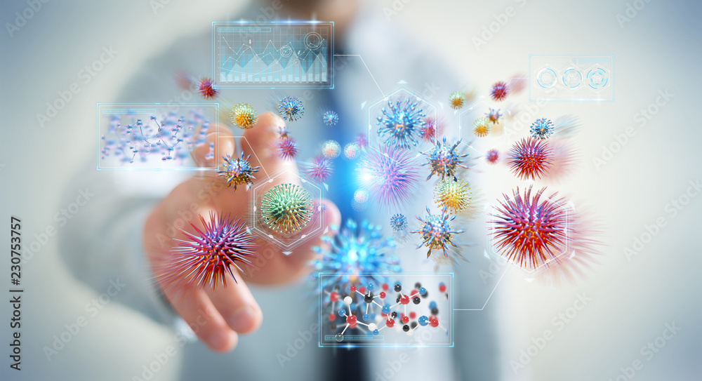 Poster businessman analyzing bacteria microscopic close-up 3d rendering