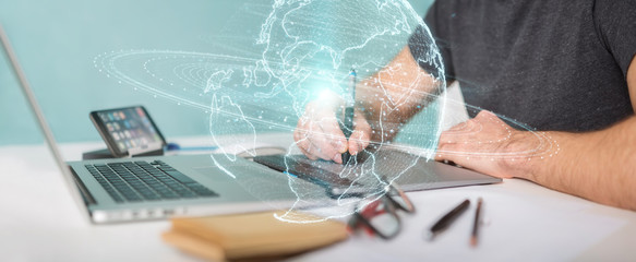 Graphic designer using globe network hologram with America Usa map 3D rendering