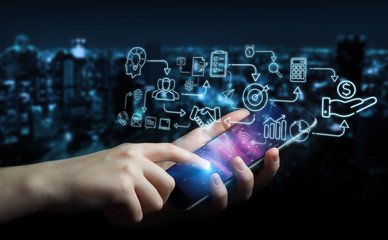 Businesswoman using thin line icon project plan presentation