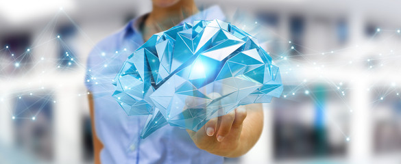 Businesswoman using digital x-ray human brain interface 3D rendering