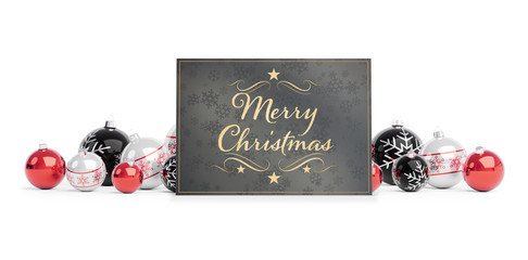 Christmas card greetings laying on red baubles isolated 3D rendering
