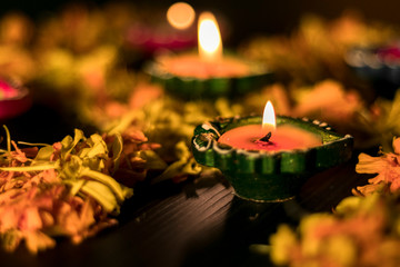 Diyas lit for celebrating Diwali festival in India