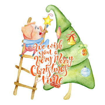 Merry Christmas watercolor card with cute funny pig, pine tree and lettering quote 