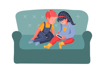 Boy and girl with a smartphone. Dependence on the Internet and cartoons. Vector illustration. Flat style. Smartphone addiction concept.