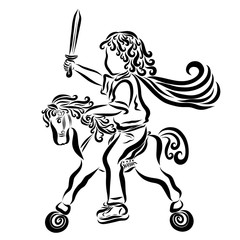 Little curly warrior with a sword on a toy horse