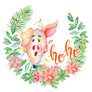 Merry Christmas watercolor card with cute funny pig in pine branch wreath and lettering quote Ho Ho