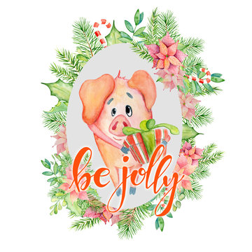 Merry Christmas watercolor card with cute funny pig in floral wreath and lettering quote Be jolly