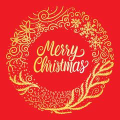 Merry Christmas white hand drawn lettering text inscription. Vector illustration bright yellow gold round ornament frame isolated on red background.