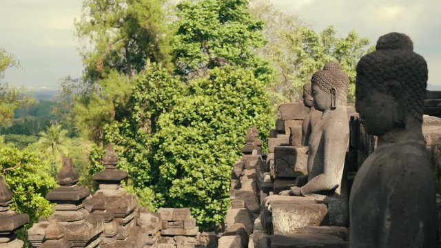 Buddha stone statues on wall of Borobudur temple platform in Java, Indonesia on sunny evening, slide left
