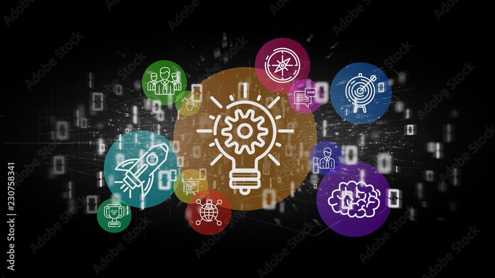 Poster view of a cloud of colorfull start up icon bubble with data binary 3d rendering