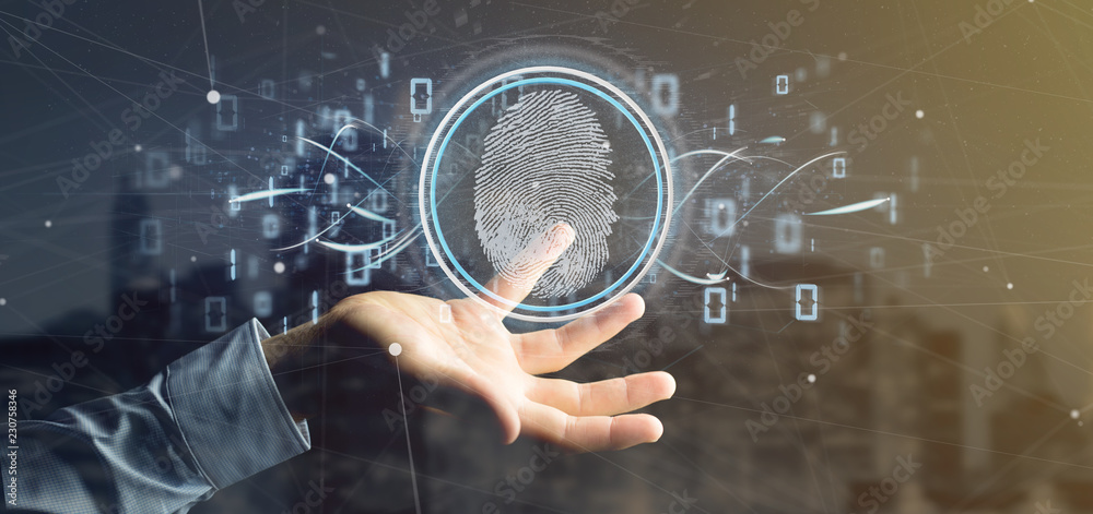 Poster businessman holding a digital fingerprint identification and binary code 3d rendering