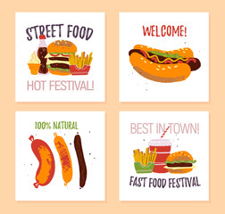 Vector set of fast food festival poster, placard, banner, advertising, flayer, card, sticker with burger, hot dog, sausage, fries, soda, ice cream illustration template. Hand drawn sketch style. 